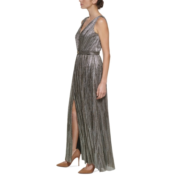 Eliza JV-Neck Metallic Belted Gown - Picture 2 of 13